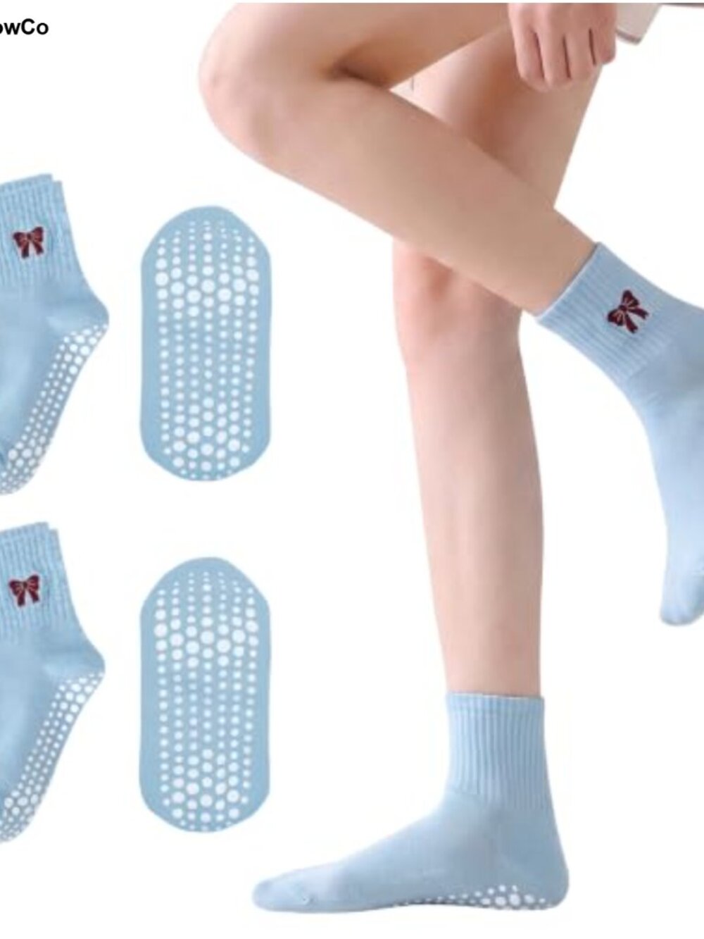 Women's Pilates Grip Socks, Bow Embroidery Non Slip Yoga Socks